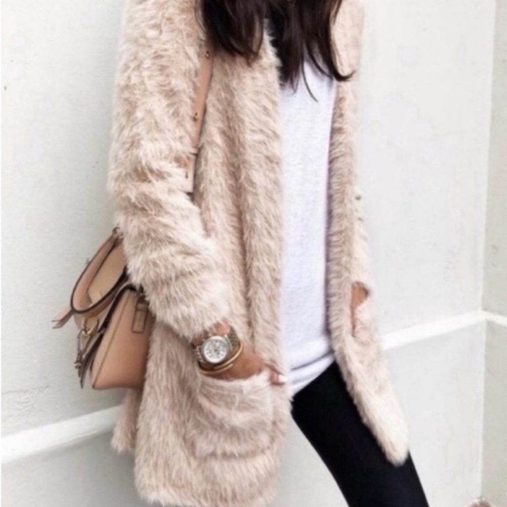 Free People Faux Fur Cardi Open Front Cardigan Sweater - Picture 5 of 16